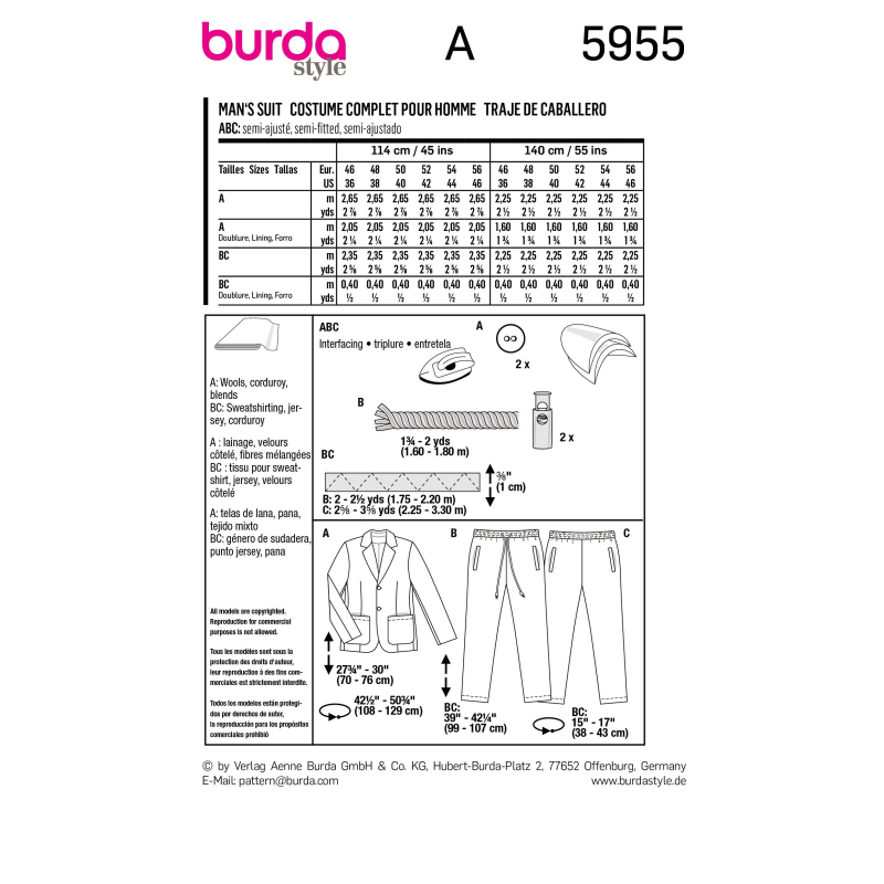 Patron Burda 5955 - Costume homme avec pantalon décontracté et veste classique