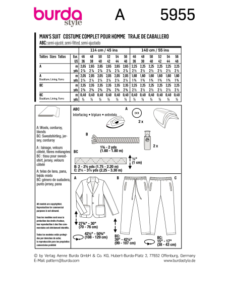 Patron Burda 5955 - Costume homme avec pantalon décontracté et veste classique