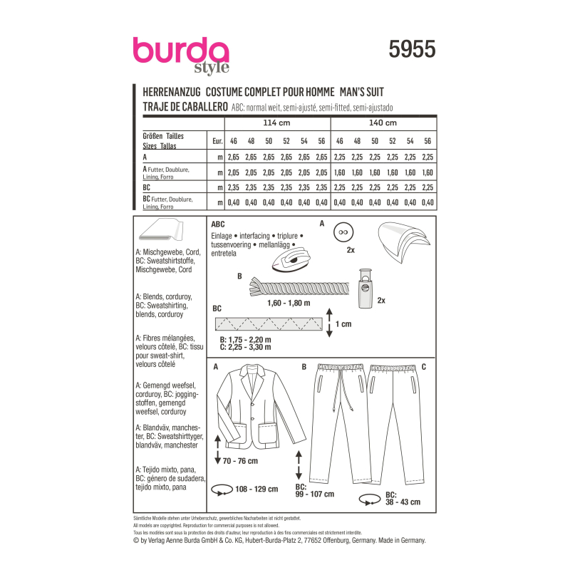 Patron Burda 5955 - Costume homme avec pantalon décontracté et veste classique