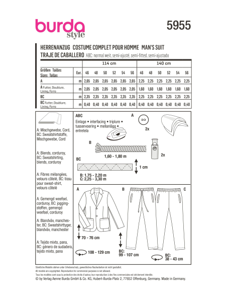 Patron Burda 5955 - Costume homme avec pantalon décontracté et veste classique