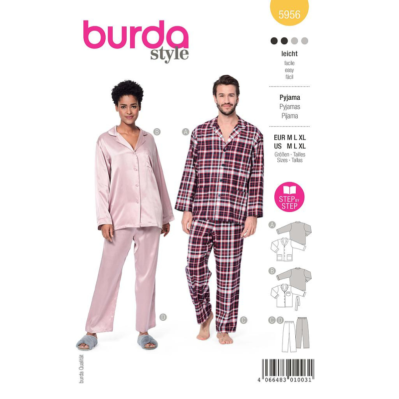 Patron Burda 5956 - Pyjama UNISEX classique et confortable pour elle et lui