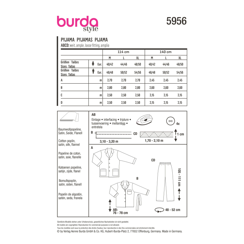 Patron Burda 5956 - Pyjama UNISEX classique et confortable pour elle et lui