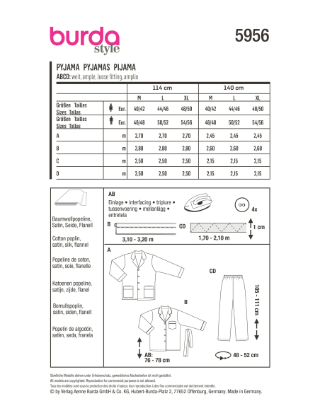 Patron Burda 5956 - Pyjama UNISEX classique et confortable pour elle et lui