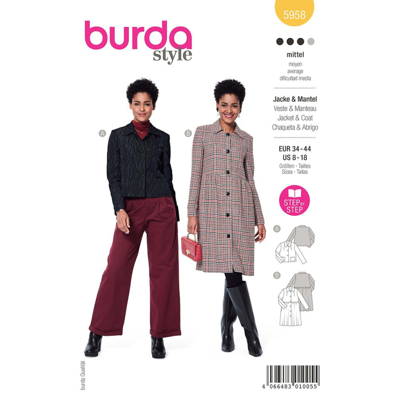 Patron Burda 5958 - Veste courte avec col et poches plaquées & manteau au look féminin