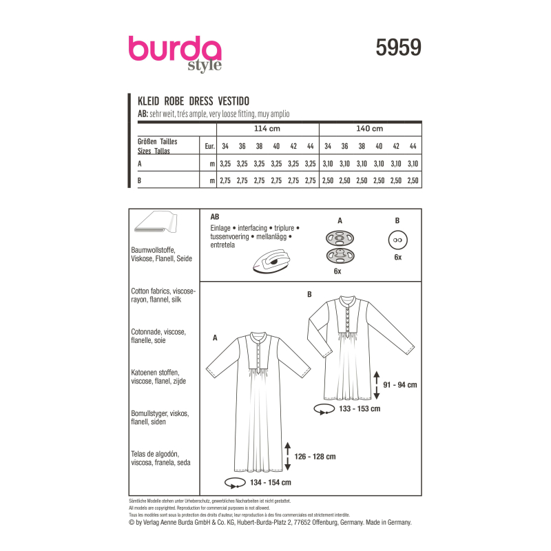 Patron Burda 5959 - Robes de différentes longueurs