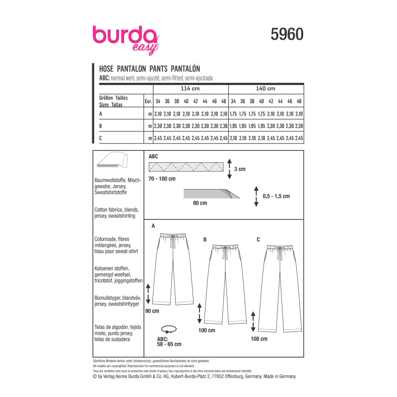 Patron Burda 5960 - Pantalon ultra pratique avec coupe droite
