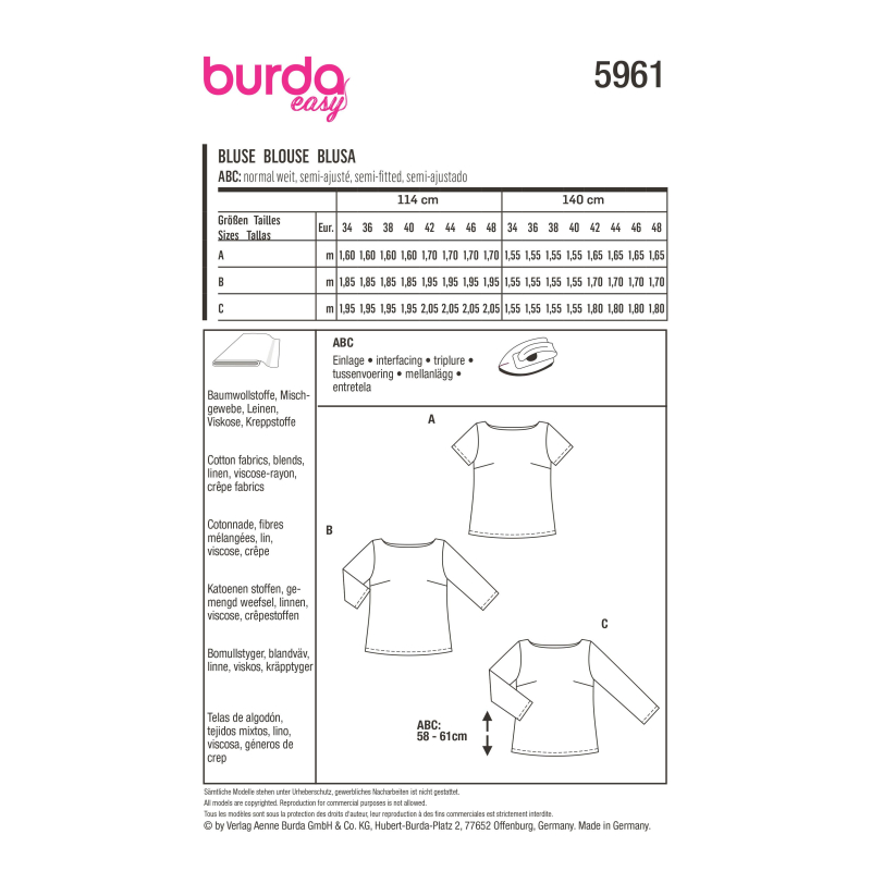 Patron Burda 5961 - Blouse sobre avec pinces et encolure arrondie