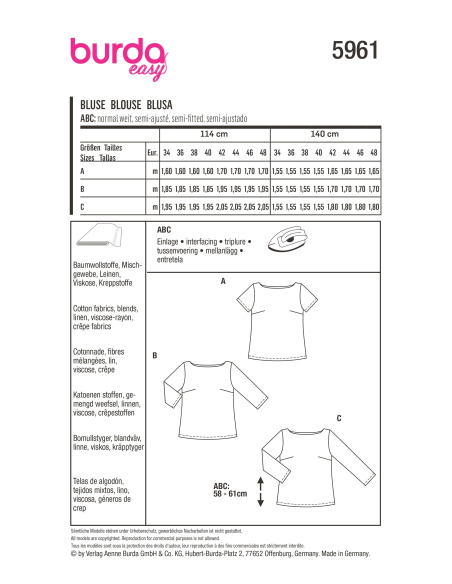 Patron Burda 5961 - Blouse sobre avec pinces et encolure arrondie