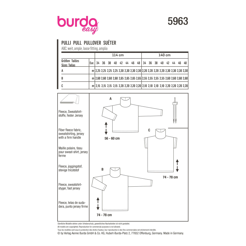 Patron Burda 5963 - Pull à col roulé avec variations
