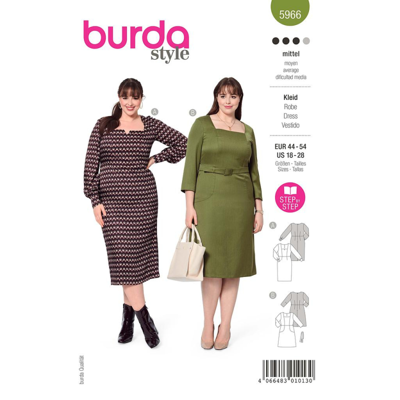 Patron Burda 5966 - Robe avec variantes, encolure carrée et coutures de découpe