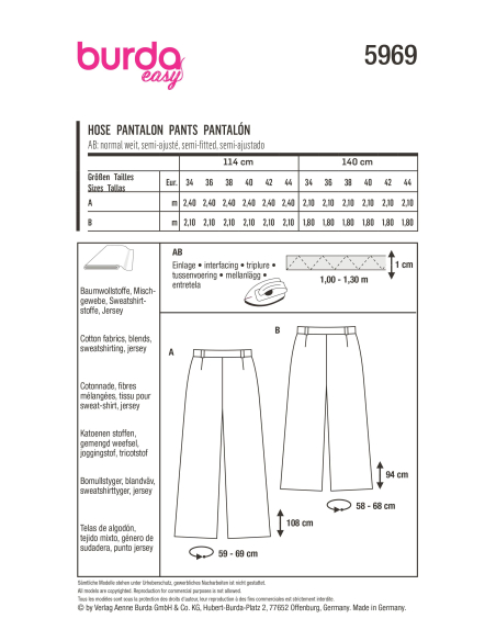 Patron Burda 5969 - Pantalon avec coulisse dos élastique, jambes amples