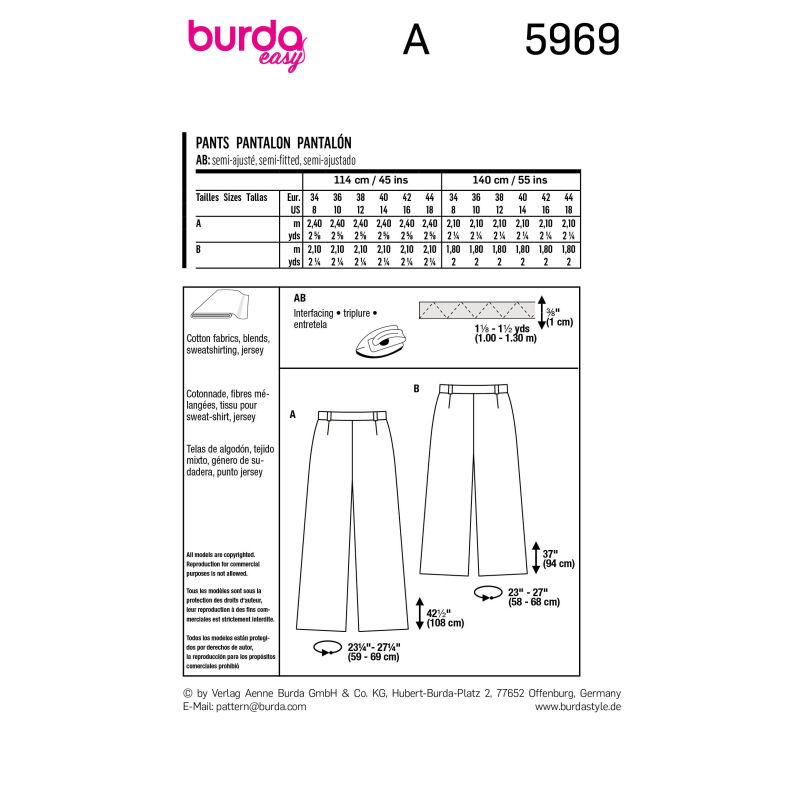 Patron Burda 5969 - Pantalon avec coulisse dos élastique, jambes amples