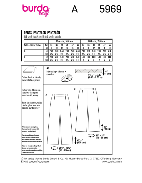 Patron Burda 5969 - Pantalon avec coulisse dos élastique, jambes amples