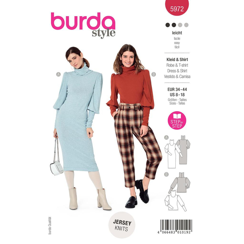 Patron Burda 5972 - Robe tricot & t-shirt à col roulé et manches froncées