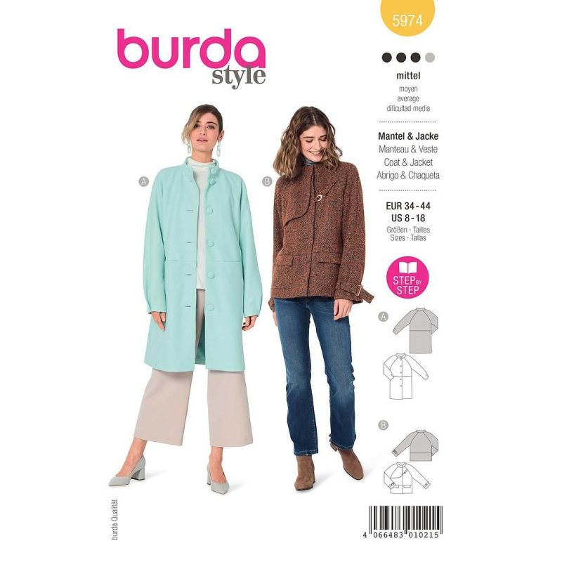Patron Burda 5974 - Veste & manteau à manches raglan et col droit