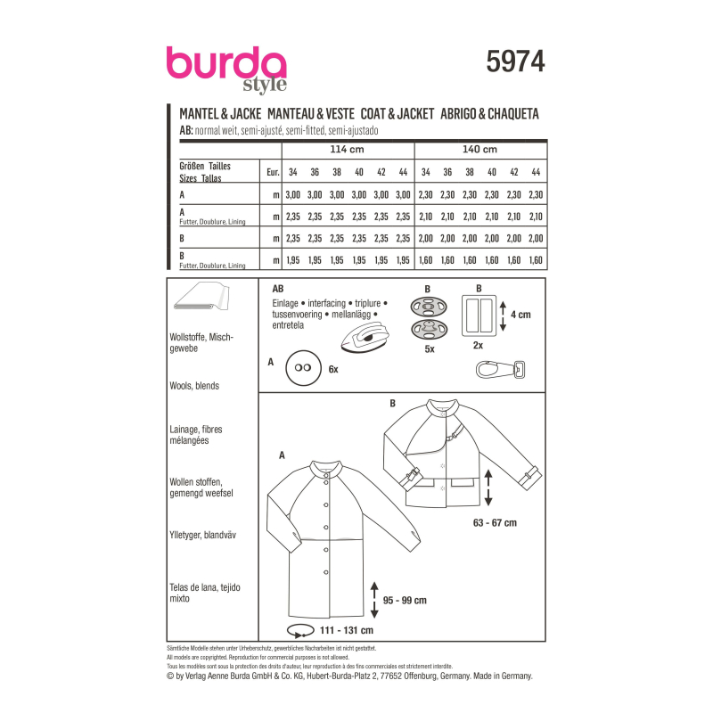 Patron Burda 5974 - Veste & manteau à manches raglan et col droit