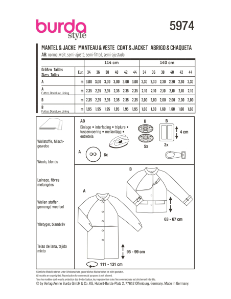 Patron Burda 5974 - Veste & manteau à manches raglan et col droit