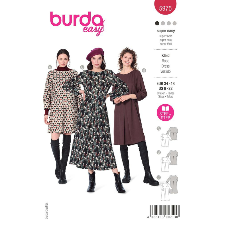 Patron Burda 5975 Robe encolure bateau et manches poignet