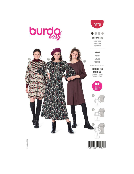 Patron Burda 5975 - Robe à encolure bateau et manches à poignet