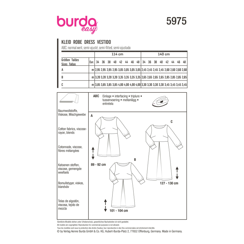 Patron Burda 5975 - Robe à encolure bateau et manches à poignet