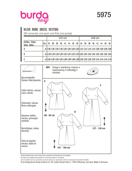 Patron Burda 5975 - Robe à encolure bateau et manches à poignet