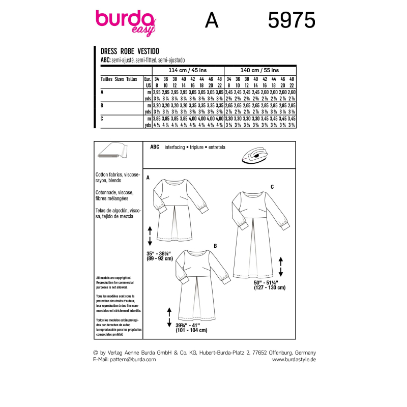 Patron Burda 5975 - Robe à encolure bateau et manches à poignet