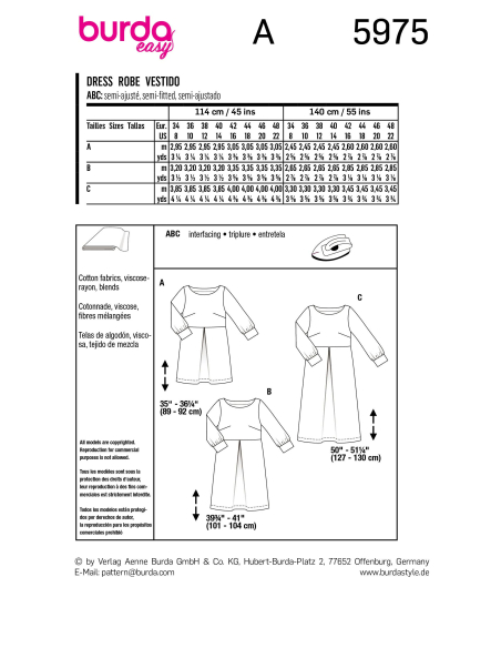 Patron Burda 5975 - Robe à encolure bateau et manches à poignet