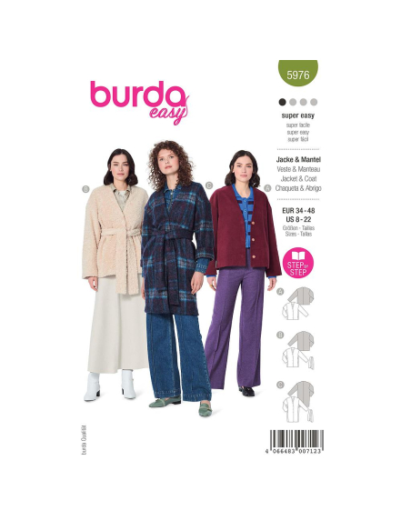 Patron Burda 5976 - Veste & manteau dcontractés, sans col et avec encolure