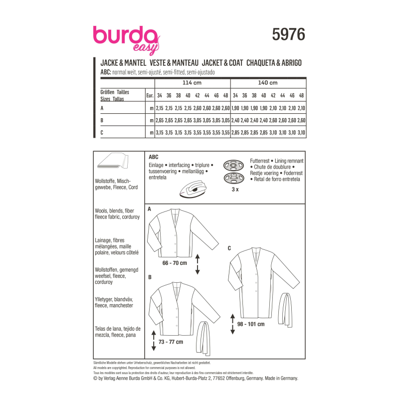 Patron Burda 5976 - Veste & manteau dcontractés, sans col et avec encolure