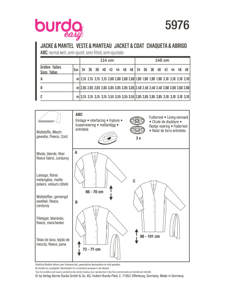 Patron Burda 5976 - Veste & manteau dcontractés, sans col et avec encolure