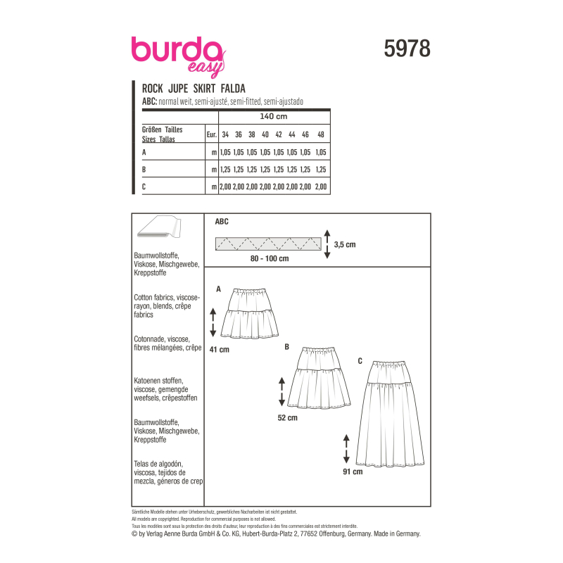 Patron Burda 5978 - Jupe à étage avec une coulisse élastiquée
