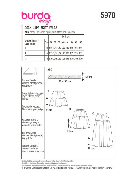 Patron Burda 5978 - Jupe à étage avec une coulisse élastiquée