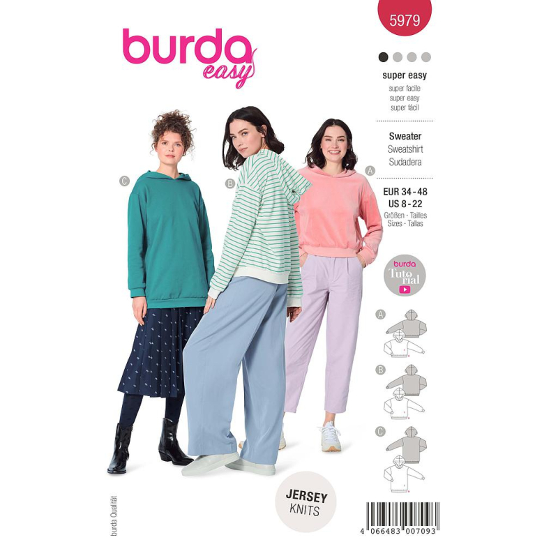 Patron Burda 5979 - Sweat-shirt à capuche décontractés et confortables proposés en trois longueurs
