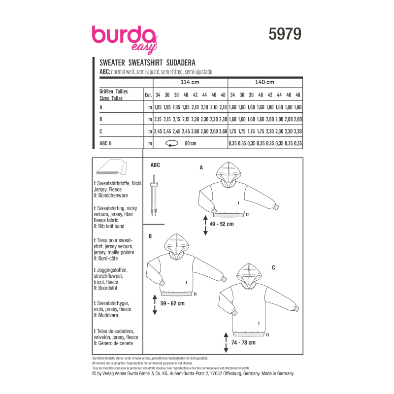 Patron Burda 5979 - Sweat-shirt à capuche décontractés et confortables proposés en trois longueurs