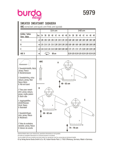 Patron Burda 5979 - Sweat-shirt à capuche décontractés et confortables proposés en trois longueurs