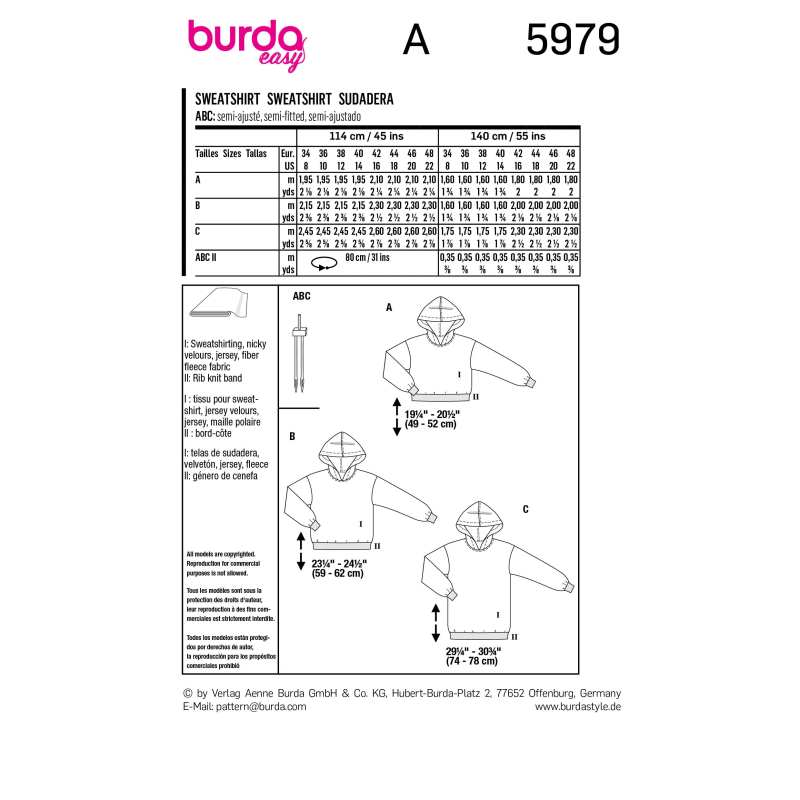 Patron Burda 5979 - Sweat-shirt à capuche décontractés et confortables proposés en trois longueurs