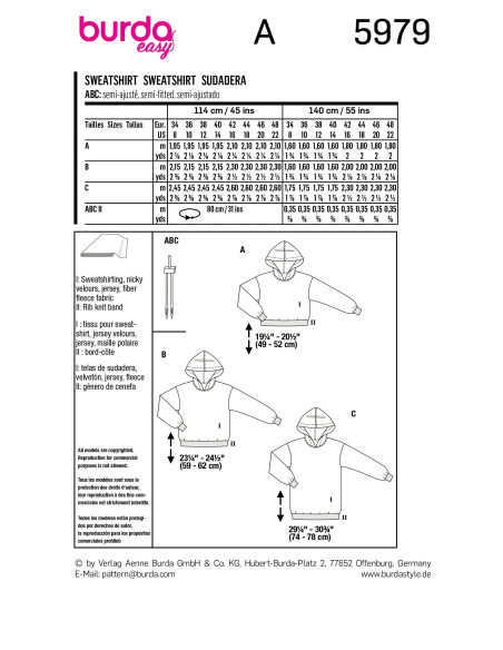 Patron Burda 5979 - Sweat-shirt à capuche décontractés et confortables proposés en trois longueurs