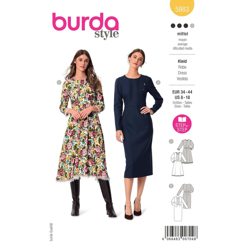 Patron Burda 5983 - Robe avec ceinture de taille et jupe ample ou droite