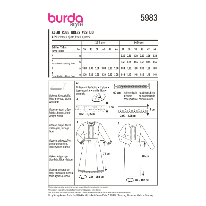 Patron Burda 5983 - Robe avec ceinture de taille et jupe ample ou droite