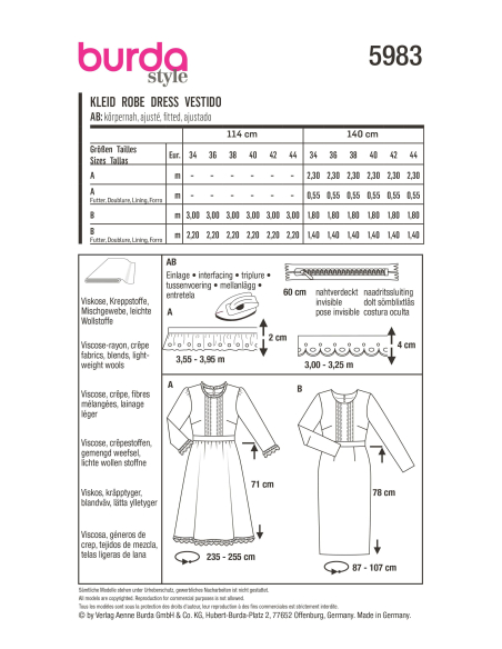 Patron Burda 5983 - Robe avec ceinture de taille et jupe ample ou droite