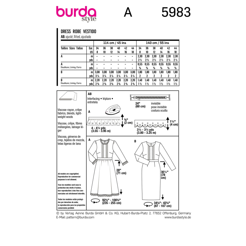 Patron Burda 5983 - Robe avec ceinture de taille et jupe ample ou droite