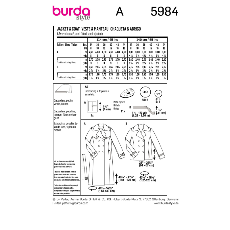 Patron Burda 5984 - Veste caban & trench-coat entièrement doublés