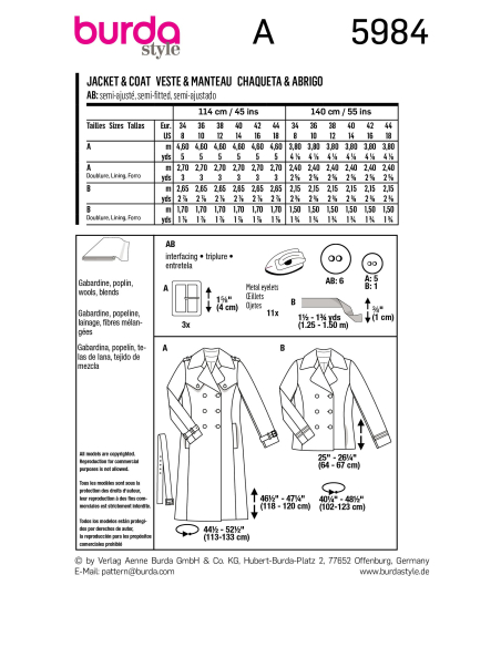 Patron Burda 5984 - Veste caban & trench-coat entièrement doublés