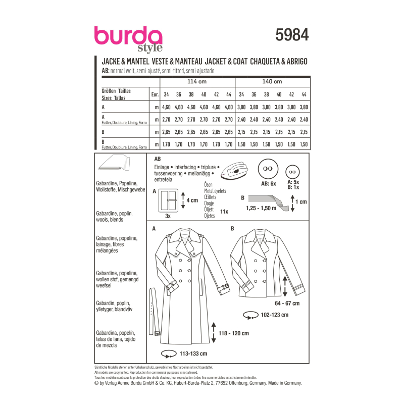 Patron Burda 5984 - Veste caban & trench-coat entièrement doublés