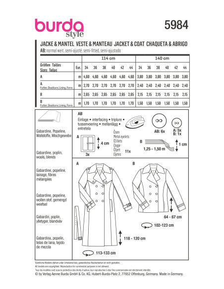 Patron Burda 5984 - Veste caban & trench-coat entièrement doublés