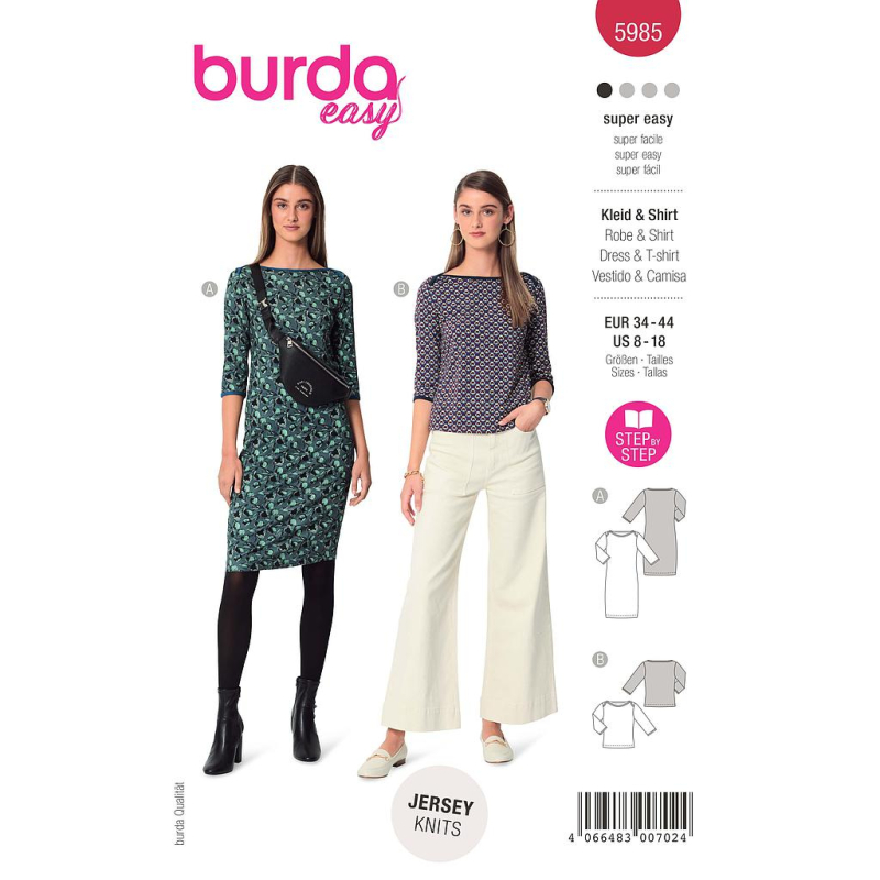 Patron Burda 5985 - Robe étroite & t-shirt à manches 3/4 avec encolure bateau