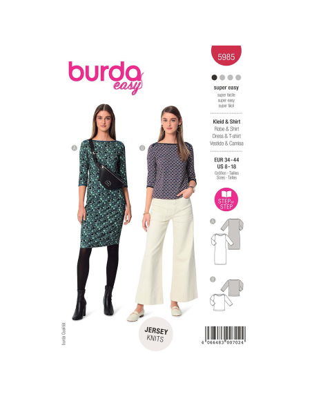 Patron Burda 5985 - Robe étroite & t-shirt à manches 3/4 avec encolure bateau