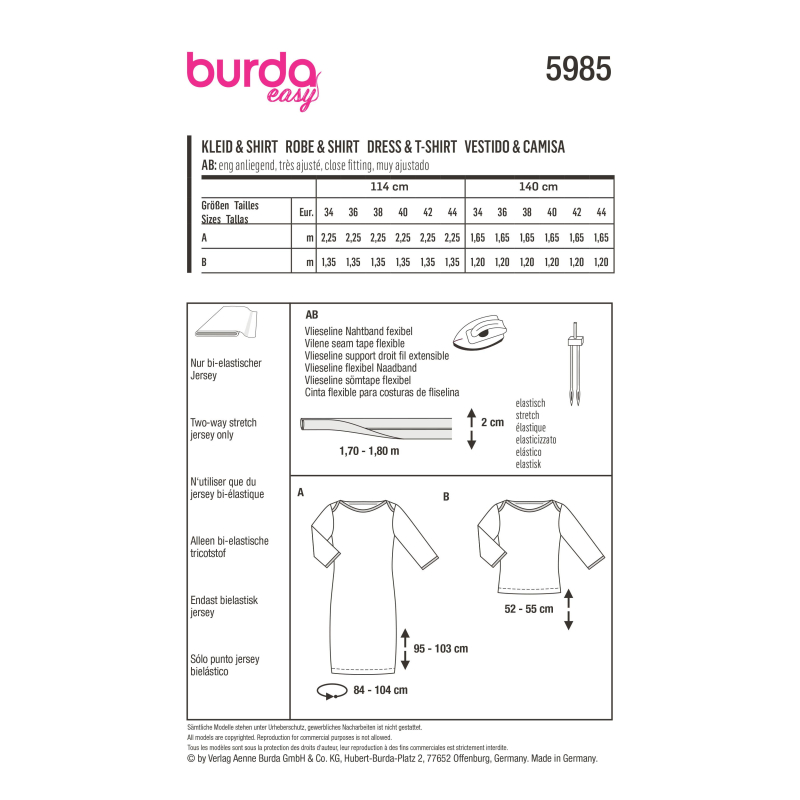 Patron Burda 5985 - Robe étroite & t-shirt à manches 3/4 avec encolure bateau