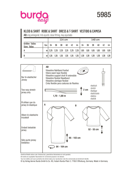 Patron Burda 5985 - Robe étroite & t-shirt à manches 3/4 avec encolure bateau