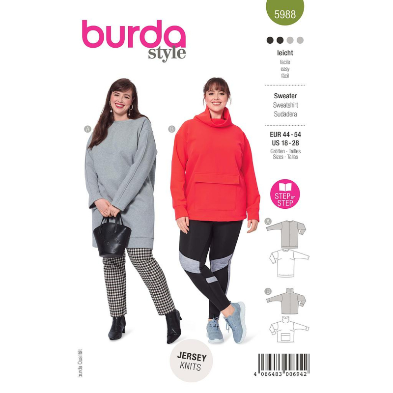 Patron Burda 5988 - Sweaters de diverses longueurs avec bordure d'encolure ou col roulé
